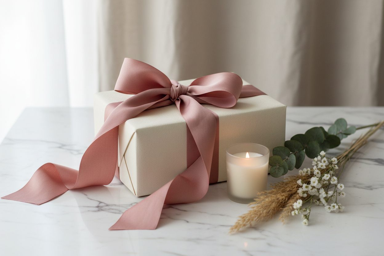 Cadeauverpakking op tafel met brandend kaarsje en bloemen