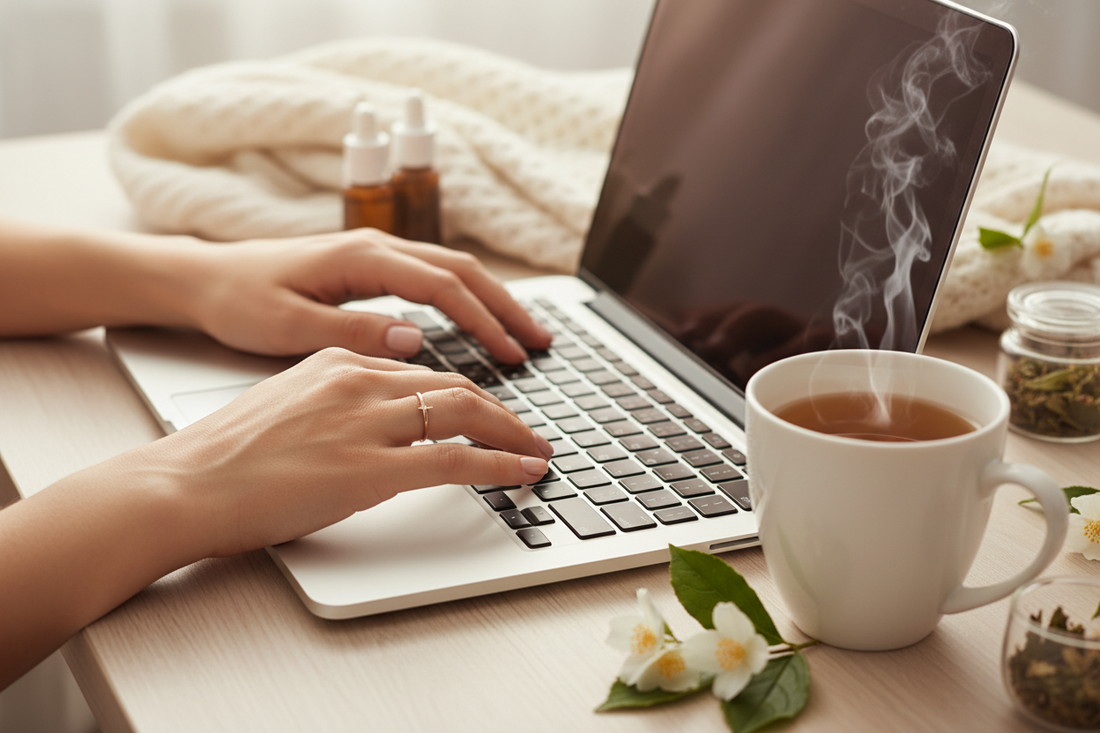 Deep work handen op toetsenbord van laptop met kopje thee