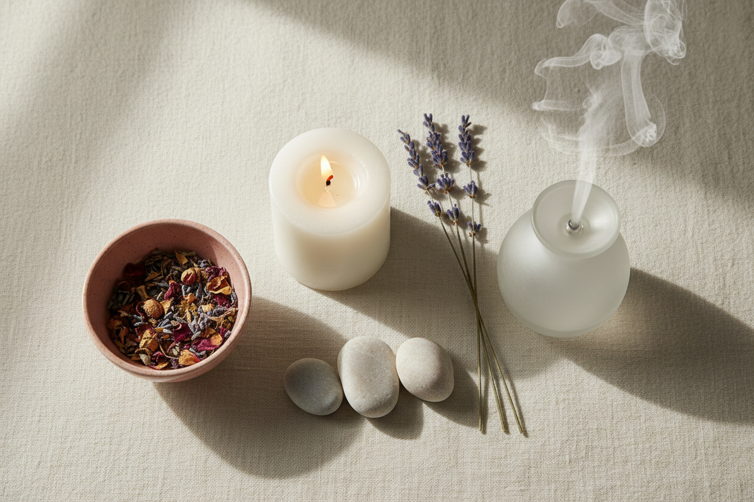Sfeerfoto om te ontspannen met geurkaras aroma diffuser en lavendel