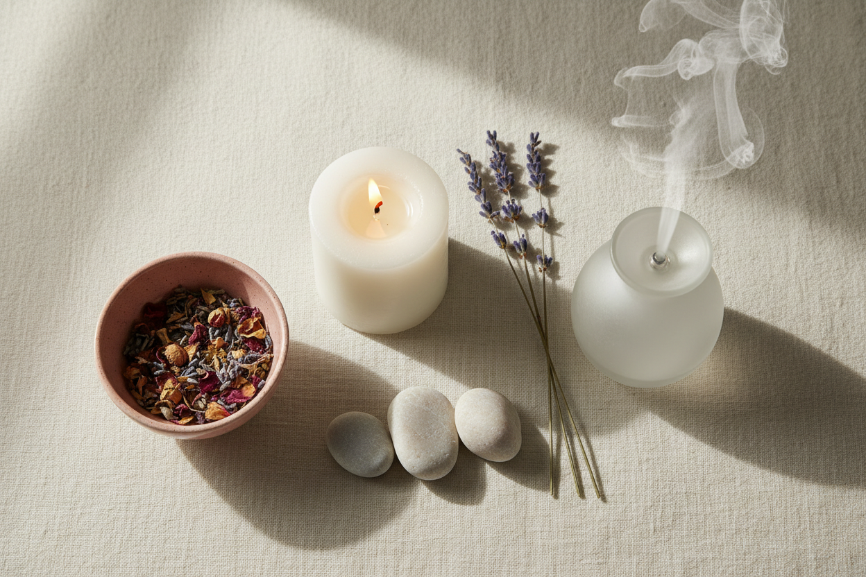 Sfeerfoto om te ontspannen met geurkaras aroma diffuser en lavendel