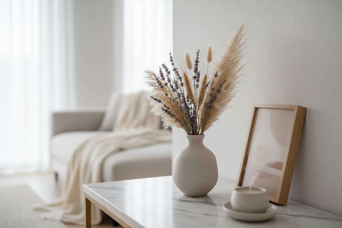 Sfeerfoto van woonkamer met vaasje bloemen en schilterijtje