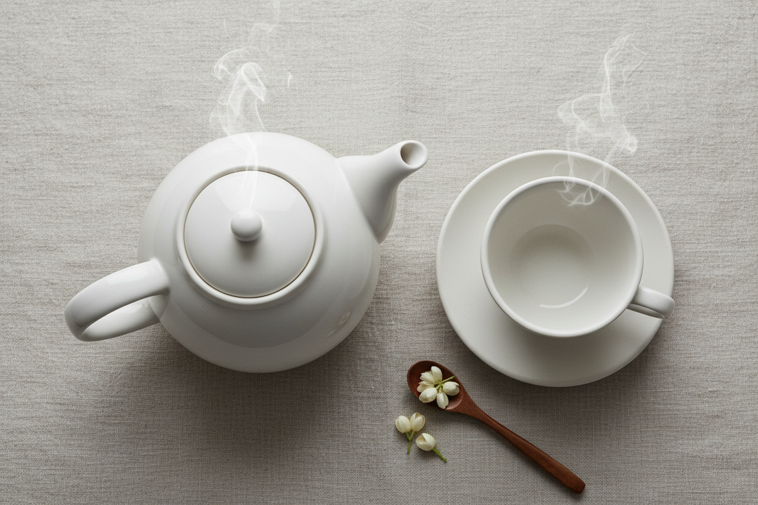 Bovenaanzicht van theepot met kopje thee