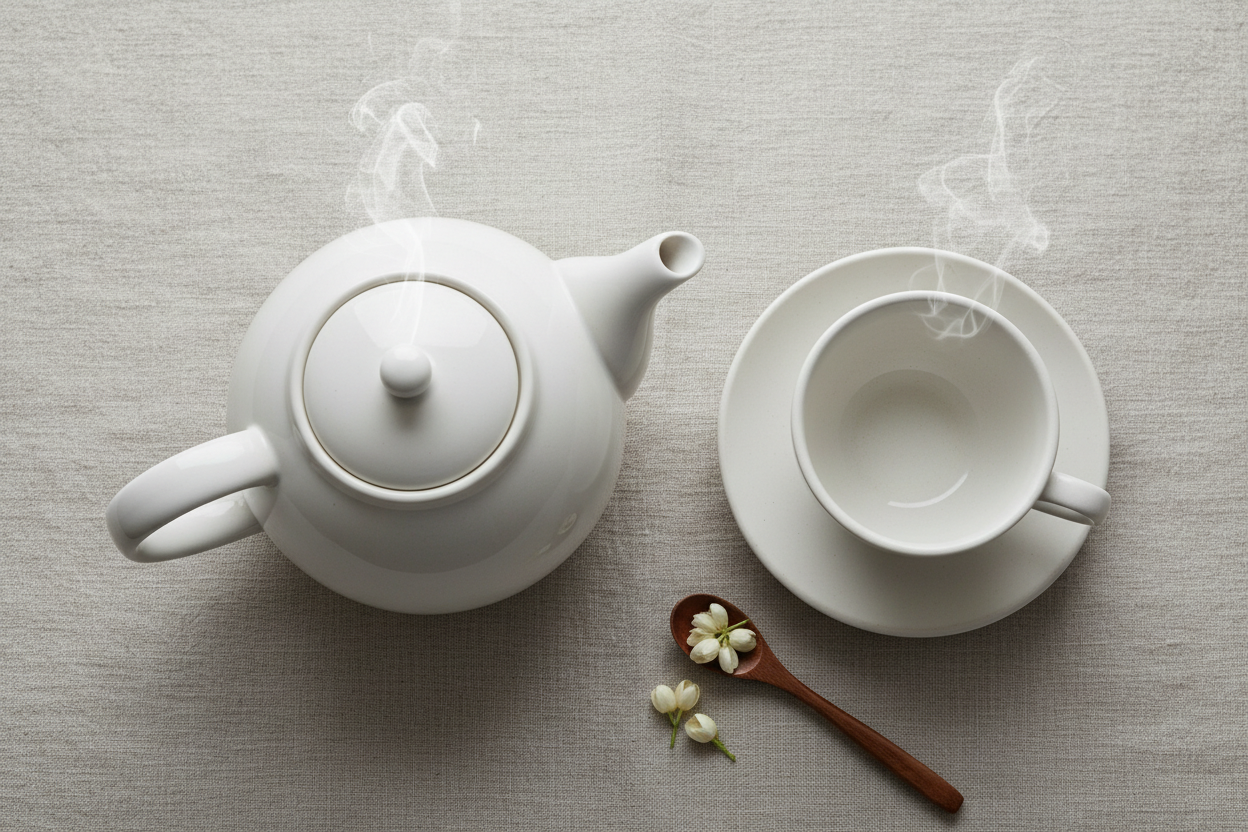 Bovenaanzicht van theepot met kopje thee